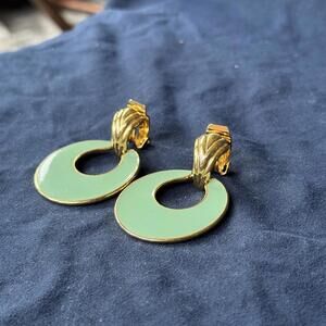Vintage Classic Teal Enamel‎ Door Knocker Clip Earrings w/Gold Ribbed Tops